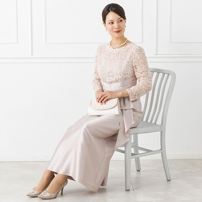 ラッセルレース×シャンタンのロングドレス 13号・ピンクベージュ