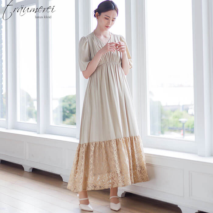 WEB限定｜裾レース切替ギャザードレス 9号・ベージュ｜東京ソワール