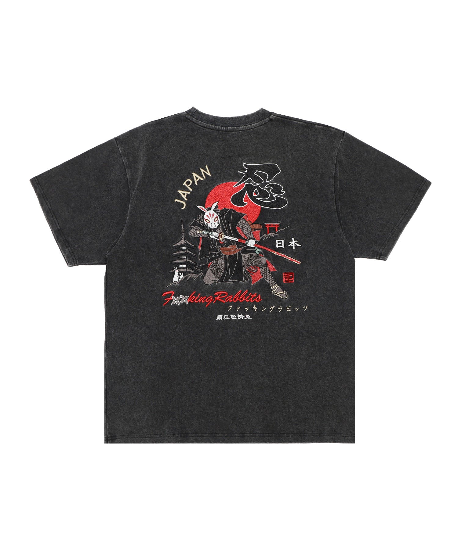 Acid Wash Embroidery Rabbit Ninja T-shirt – #FR2