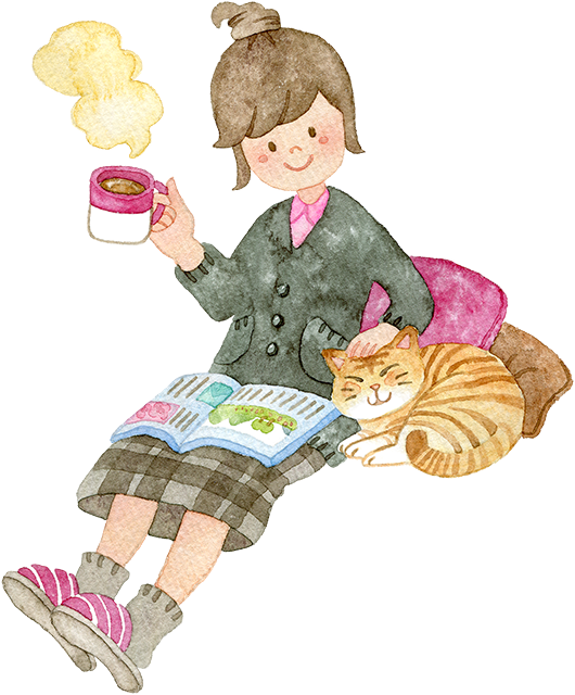 コーヒーを飲みながら猫をなでる女性の水彩イラスト | 水彩の挿し絵屋さん