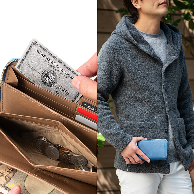 BAGGY PORT】藍染めレザー ラウンドファスナーロングウォレット HRDFH