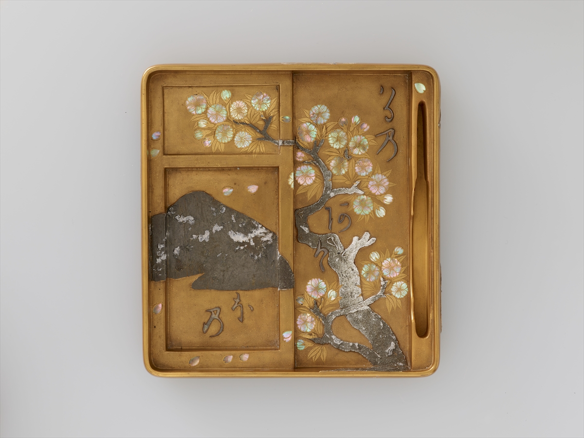 輪島塗水仙紋蒔絵 硯＆水滴付き 昭和 共箱 W13×D24×H4㎝ 輪島塗水仙紋