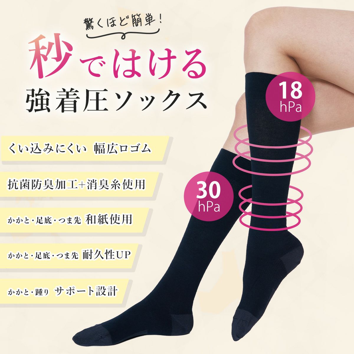 靴下 着圧 ハイソックス ユニセックス fukuske 秒ではける 秒着圧 無地