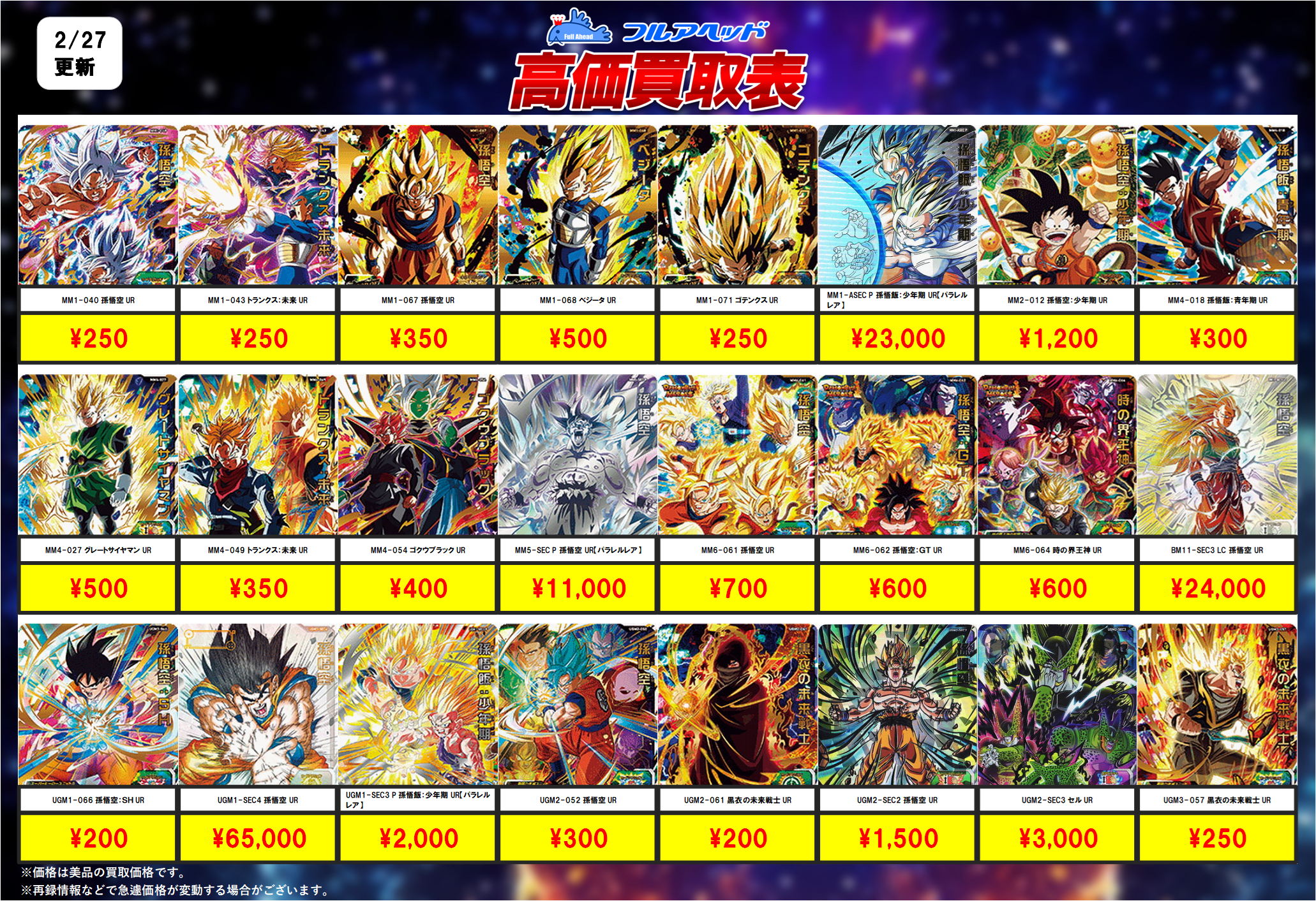 スーパードラゴンボールヒーローズ – 【フルアヘッド】高価買取表