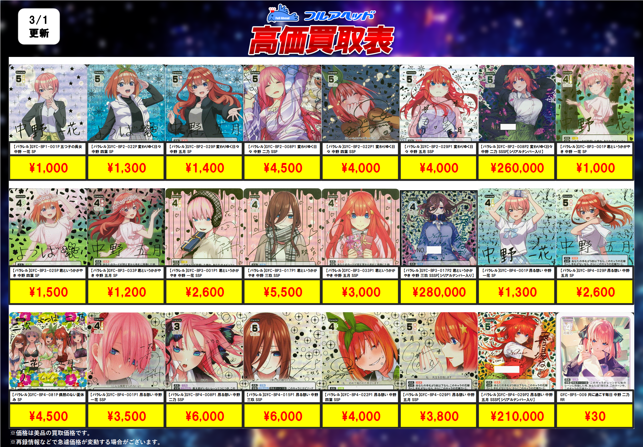 五等分の花嫁 カードゲーム – 【フルアヘッド】高価買取表