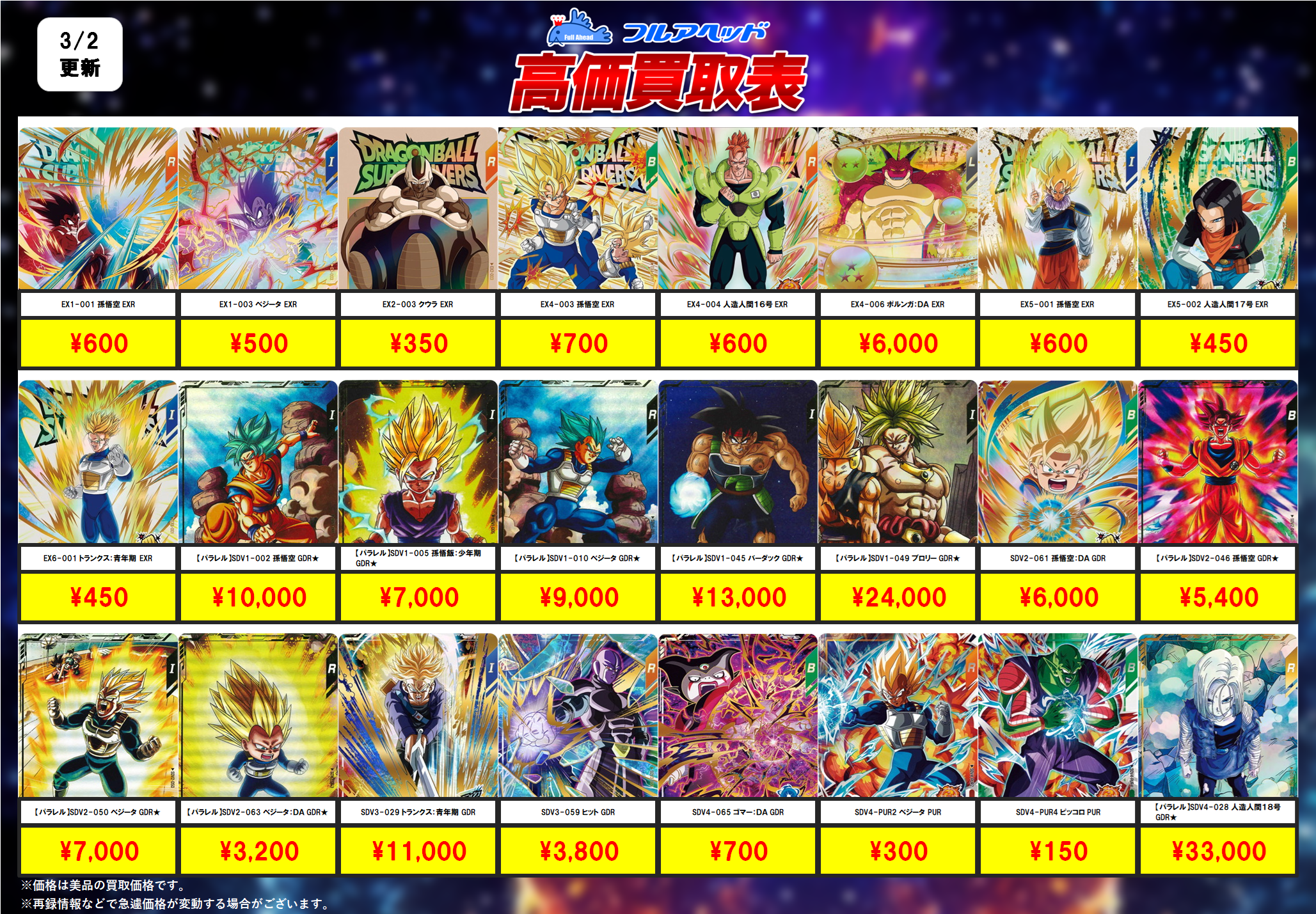 ドラゴンボールスーパーダイバーズ – 【フルアヘッド】高価買取表