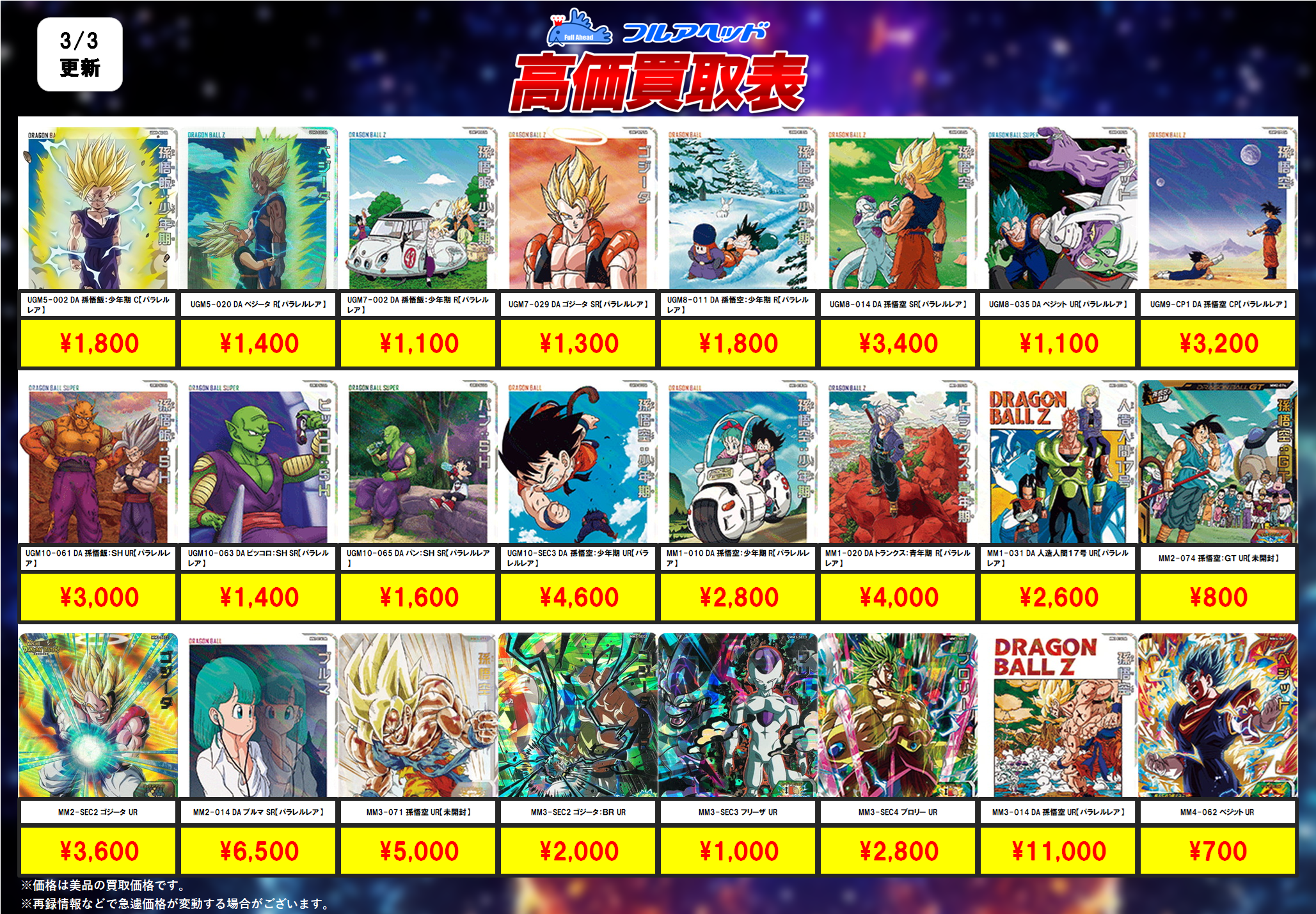 スーパードラゴンボールヒーローズ – 【フルアヘッド】高価買取表