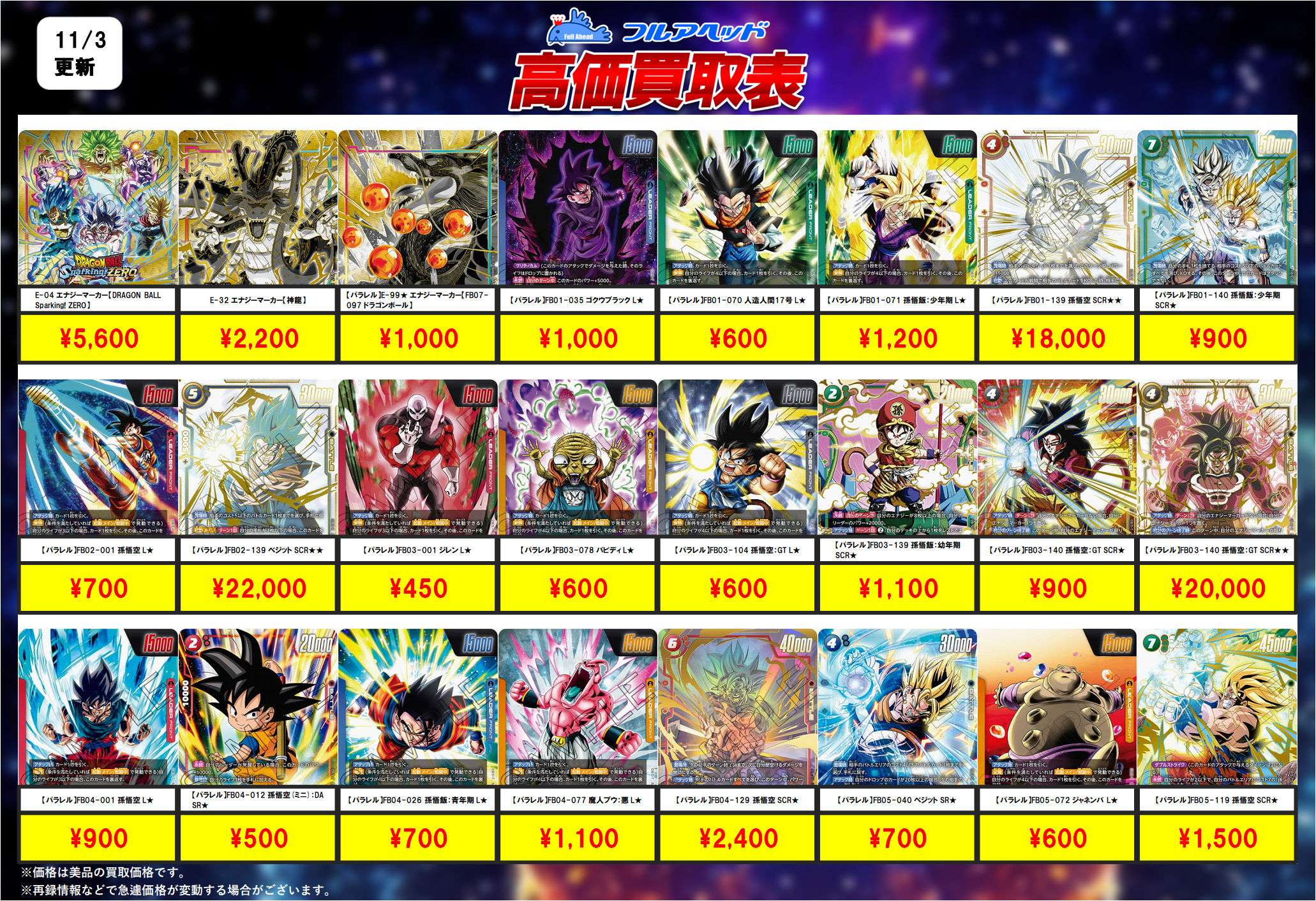 ドラゴンボールフュージョンワールド】買取表、販売価格の調整を行い