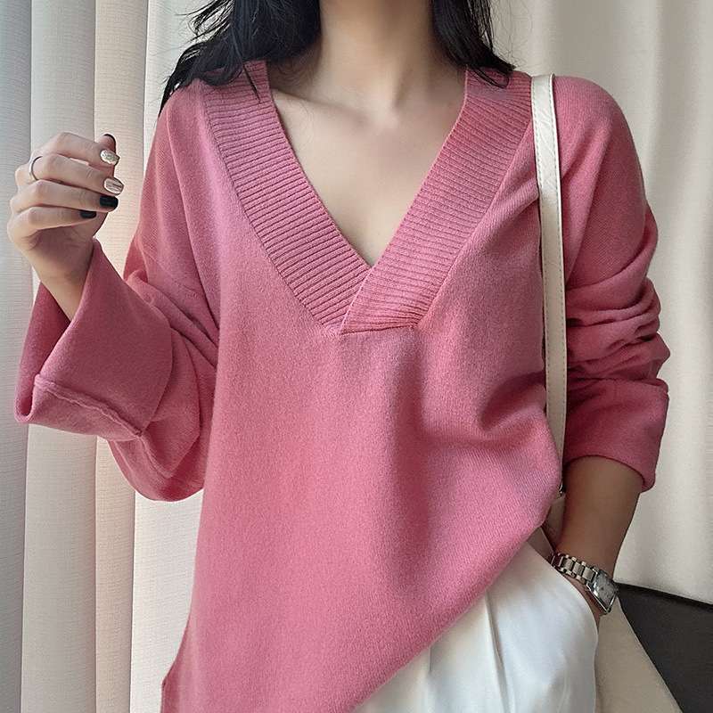 イエベ春/イエベ秋服 深Vネック リブ編み ゆるふわニット ニット