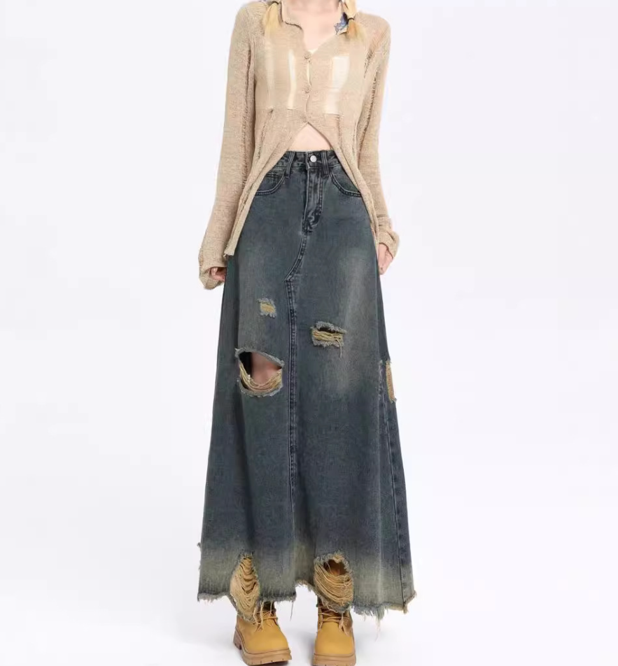 アメカジ風 裾ダメージ加工デニムロングスカート ロングスカート
