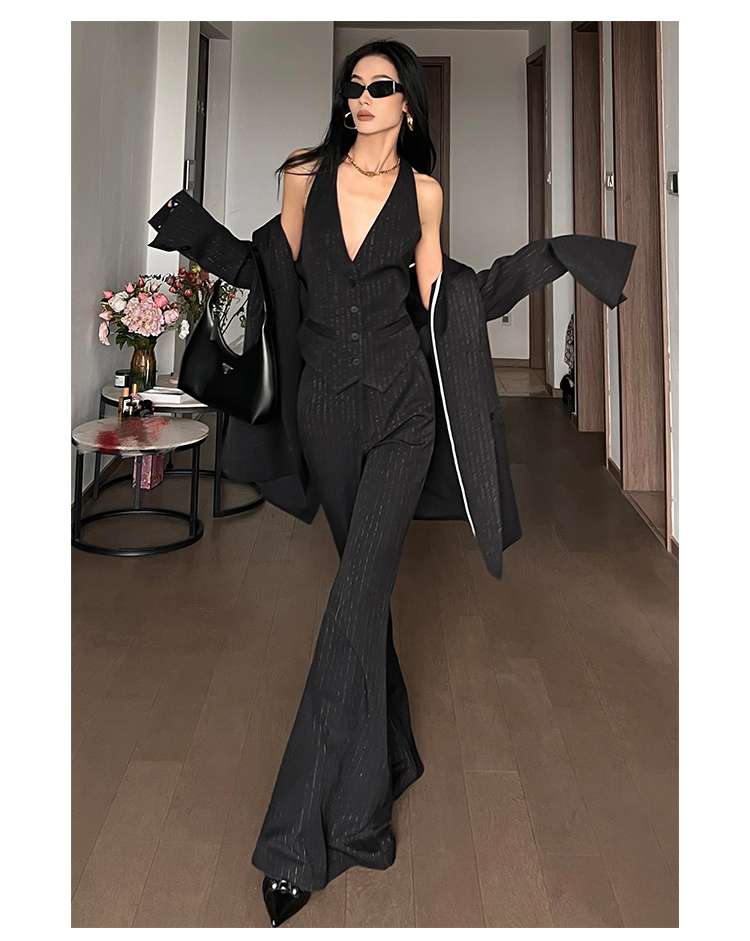 セットアップ レディース スーツ ブラックモード ストライプVネック