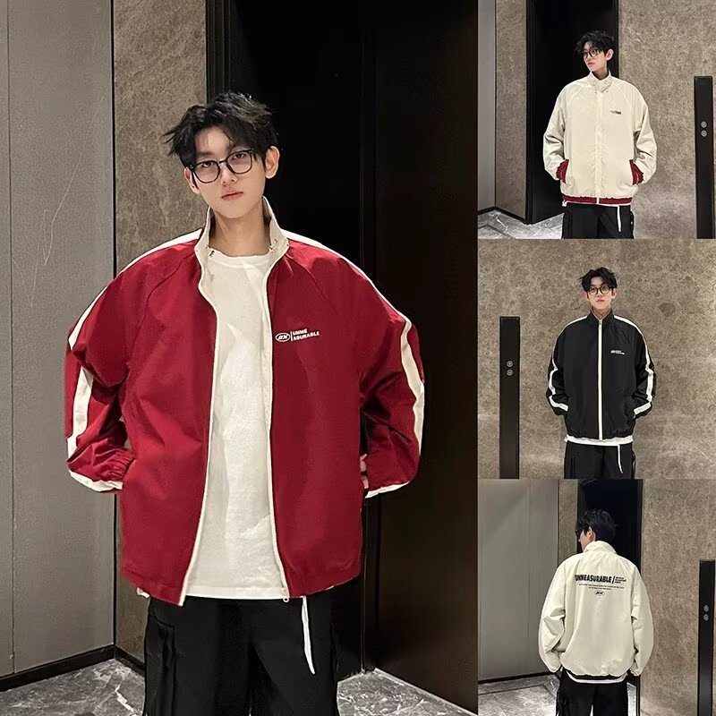 スタジャン 赤 シンプル ライン スタンドカラージャケット 赤