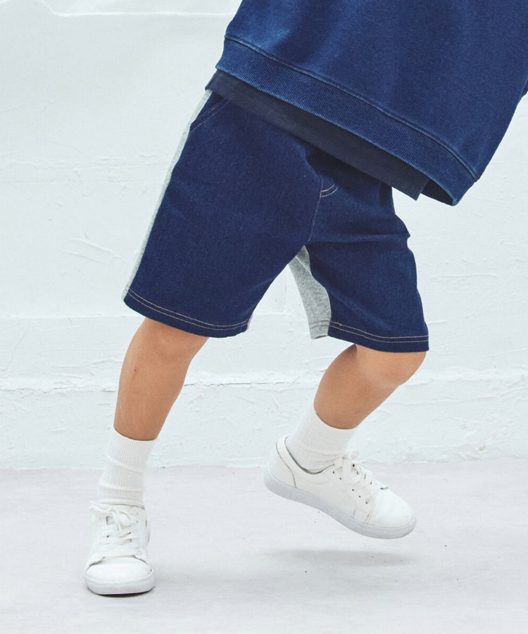 ストレッチデニム/ヒッコリー×裏毛 ドッキングハーフパンツ（98-52PI11