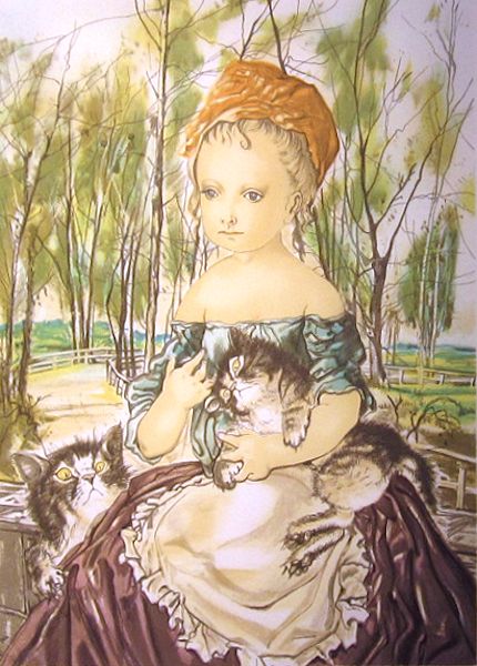 藤田嗣治『二匹の猫と少女』｜絵画 販売 買取 - 東京・自由が丘にある