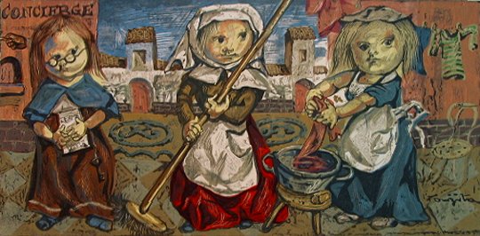 藤田嗣治『小さな職人たち 管理人』｜絵画 販売 買取 - 東京・自由が丘