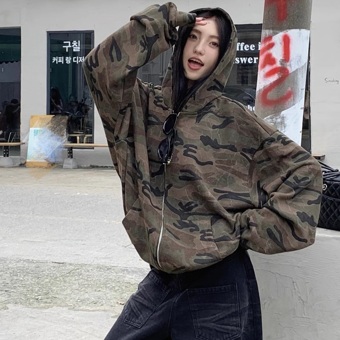 迷彩 ジップ パーカー レディース 韓国 ファッション カモフラ ジップ