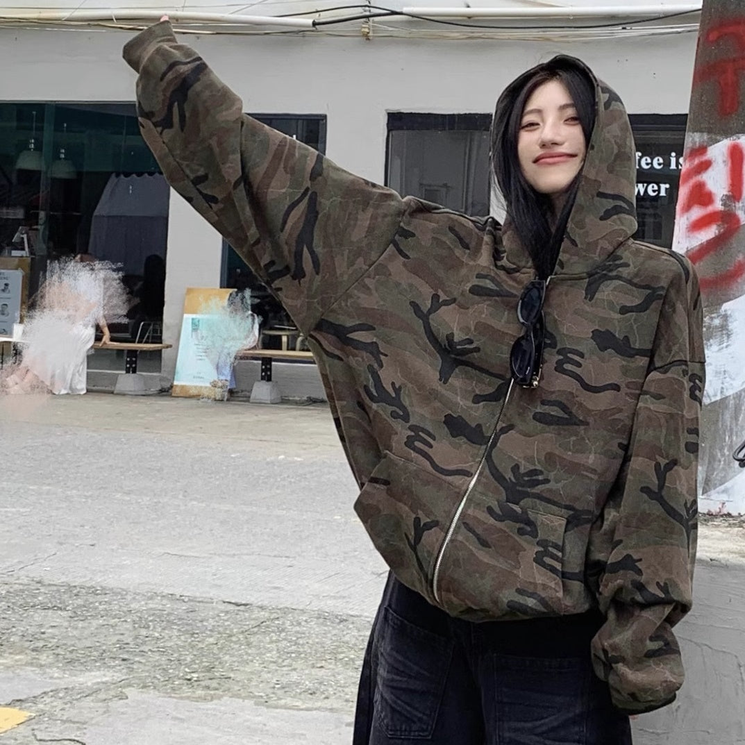 迷彩 ジップ パーカー レディース 韓国 ファッション カモフラ ジップ