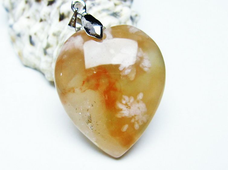 桜メノウ チェリーブロッサムアゲート ハート ペンダント[T335-2432]