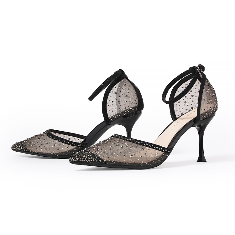 パンプス ハイヒール ヒール8cm チュール ラメ ラインストーン ポイン