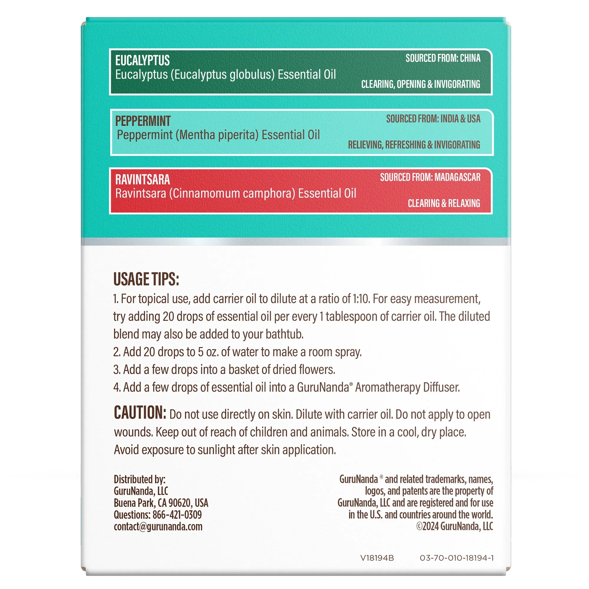 GuruNanda's Breathe Essential Oils Trio Set, 100% Pure & Natural