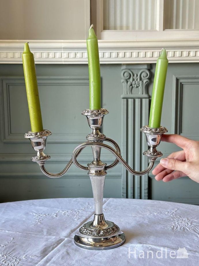 英国アンティークの3灯燭台、シルバープレートのキャンドルスタンド(d