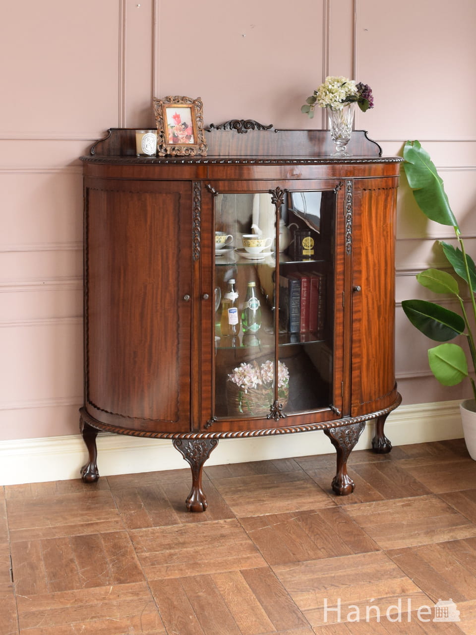 アンティークのフレンチ家具、グレーペイントのガラスキャビネット(d