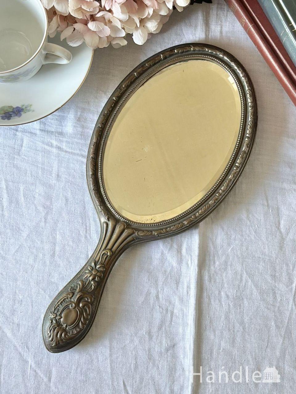 英国から届いたアンティークの手鏡、装飾が美しいハンドミラー(m-7785