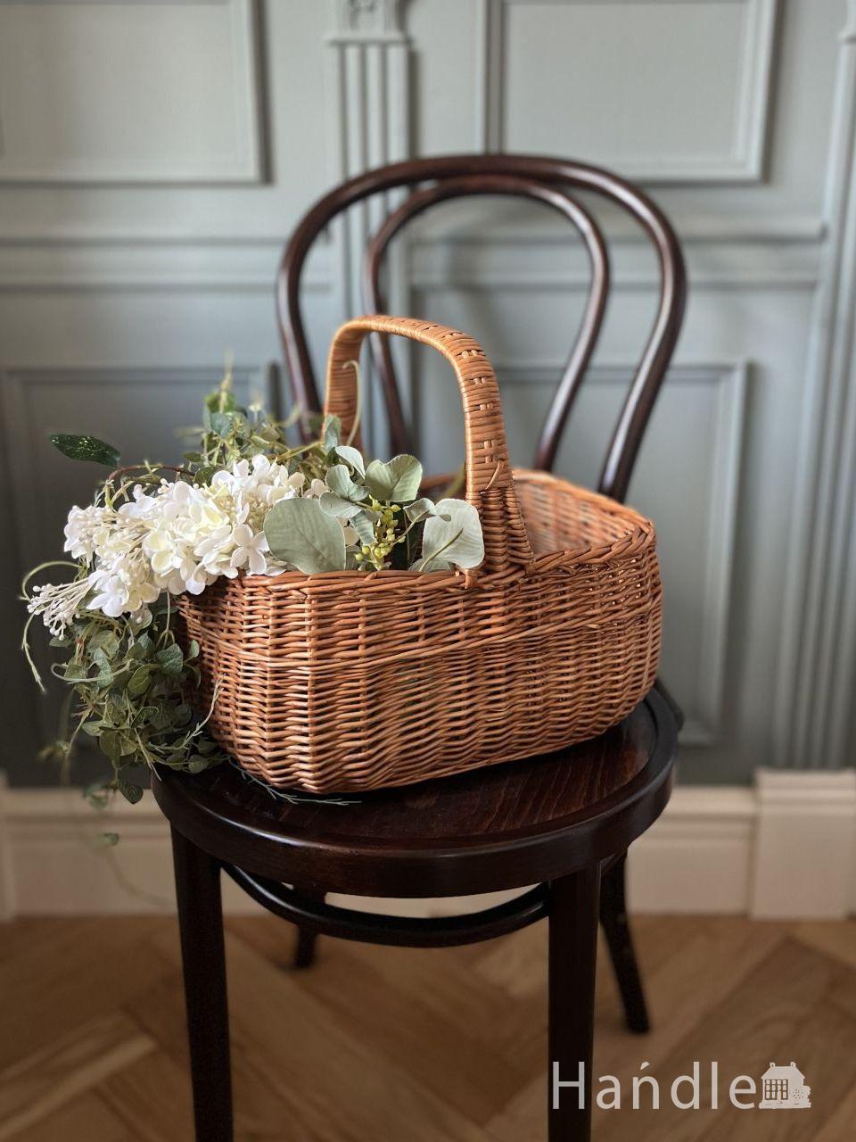英国アンティークのおしゃれなバスケット、手編みで編まれた買い物カゴ