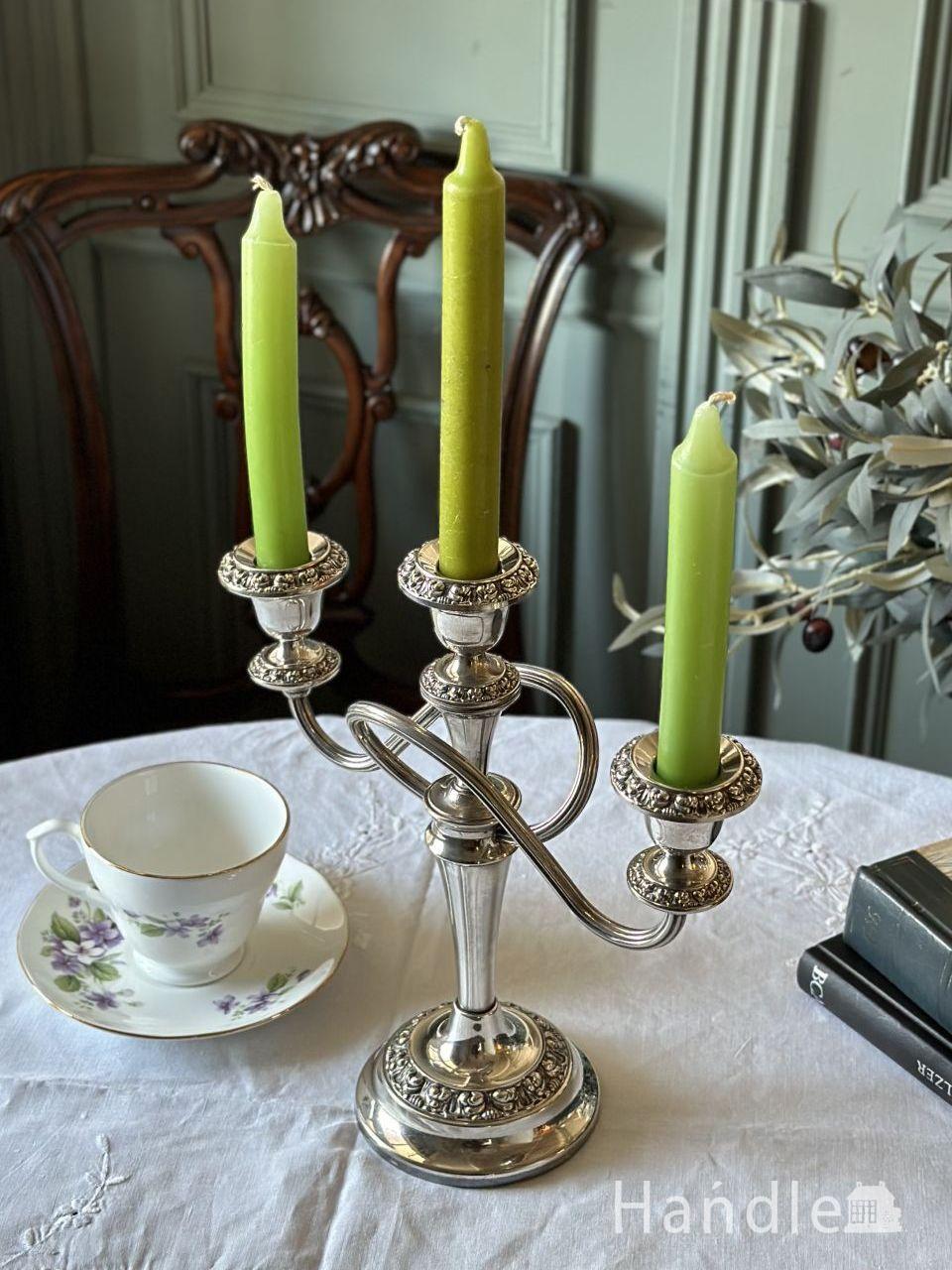 英国アンティークの3灯燭台、シルバープレートのキャンドルスタンド(d