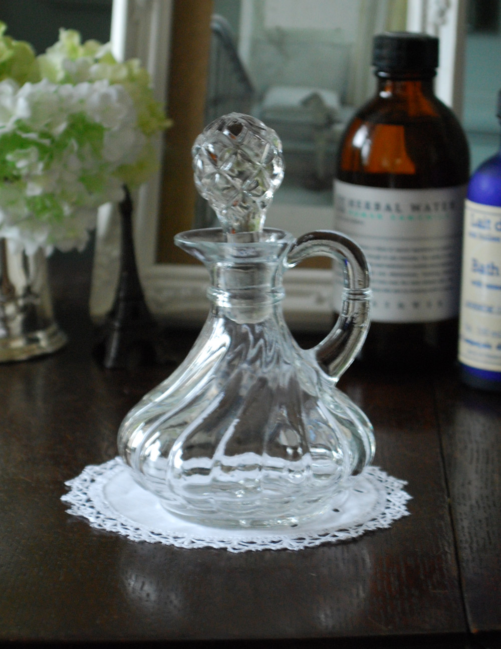 フタ付きのアンティークガラスの水差し、プレスドグラス(pg-3344