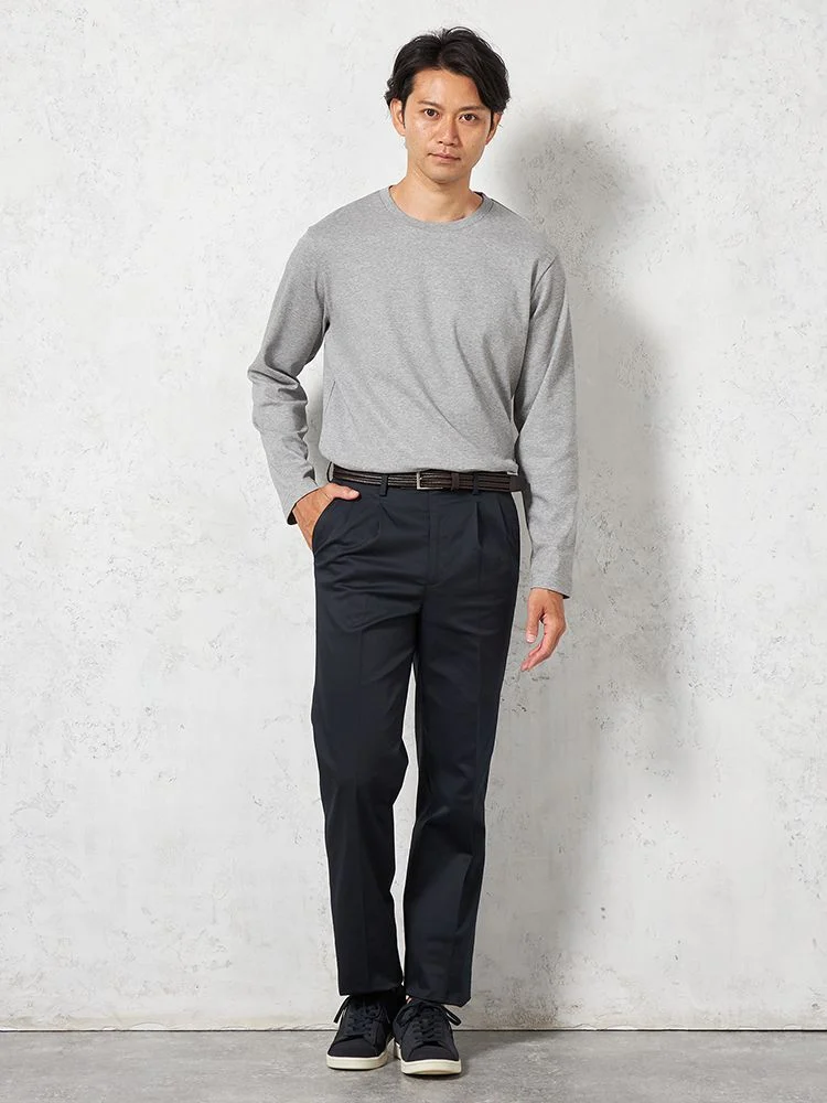 C．グレー 【ツータック】チノパン 折り目加工 無地 カジュアルパンツ
