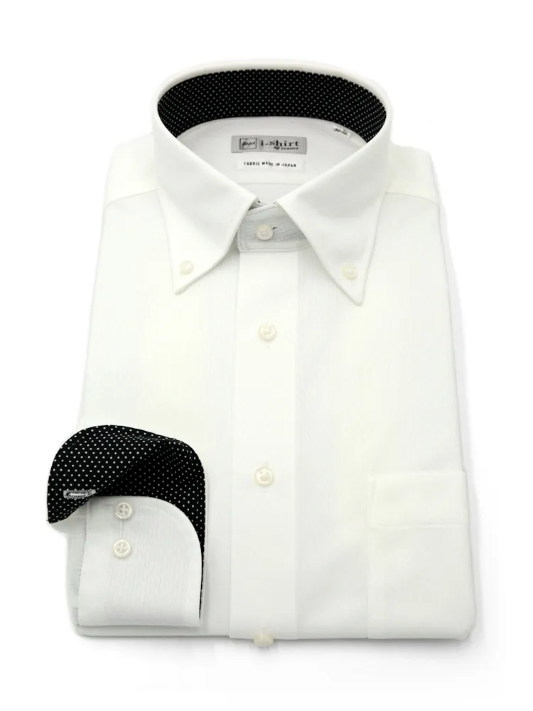 ホワイト 【完全ノーアイロン】長袖 アイシャツ ボタンダウン 千鳥格子