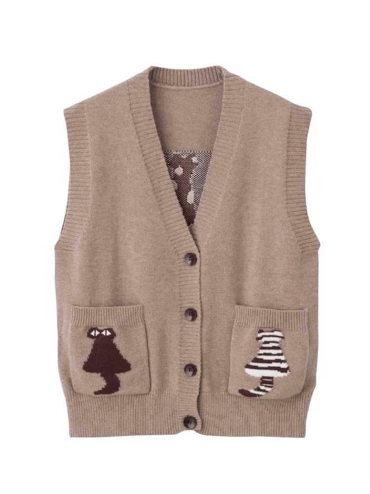 L．グレー 【ゆったり】【前開き】猫モチーフ付ベスト／婦人用