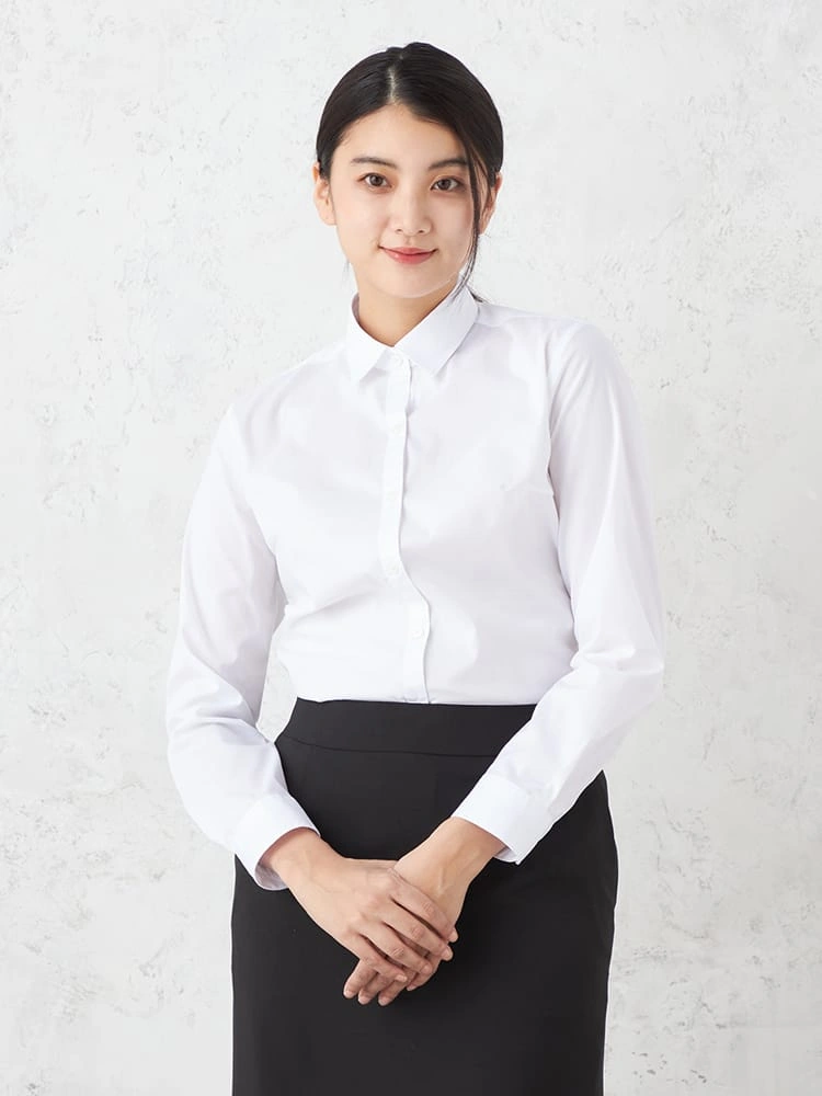 形態安定】ブラウス 長袖 Gracefield 白ブロード レギュラーカラー