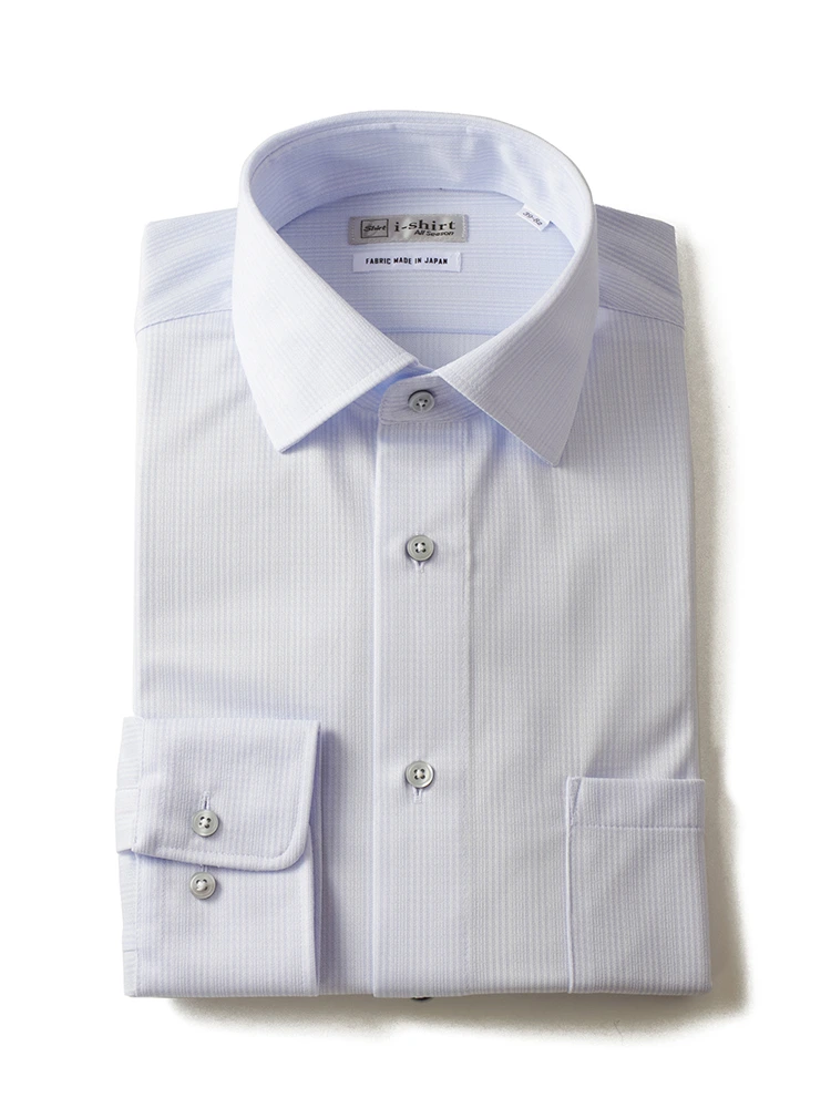 サックス 【完全ノーアイロン】長袖 アイシャツ セミワイドカラー