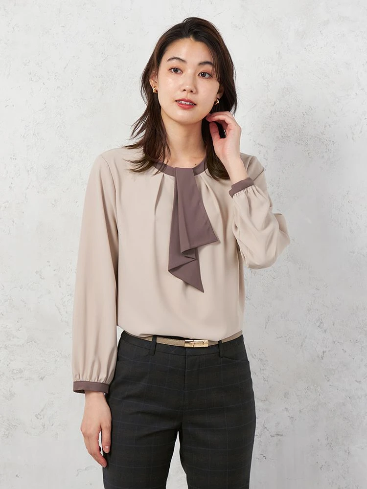 ベージュ 【ストレッチ】ラチネ織 配色ボウタイ 2WAYブラウス 9分袖