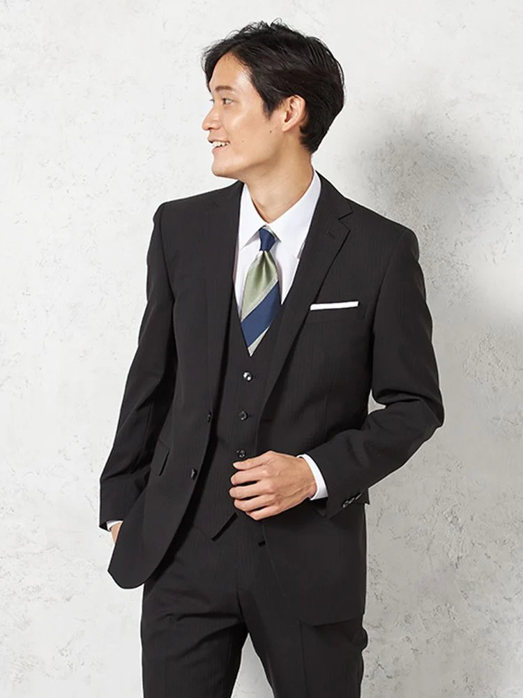 ブラック 【ウォッシャブル】スリーピーススーツ 2つボタン ウール混