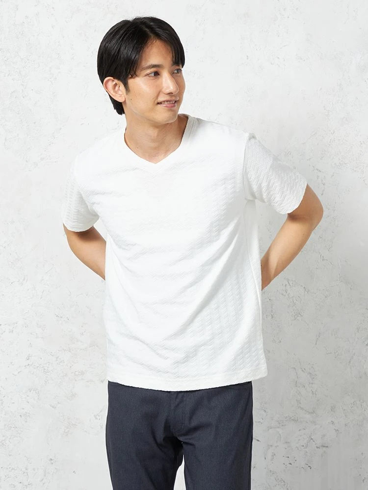 ホワイト 【RUCKEN BACCHAR】半袖 Vネックシャツ Tシャツ