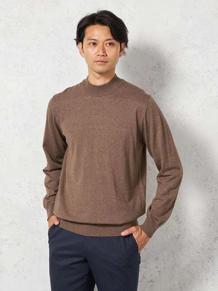 ブラウン 【ウォッシャブル】長袖ニット ファイブミックス モック