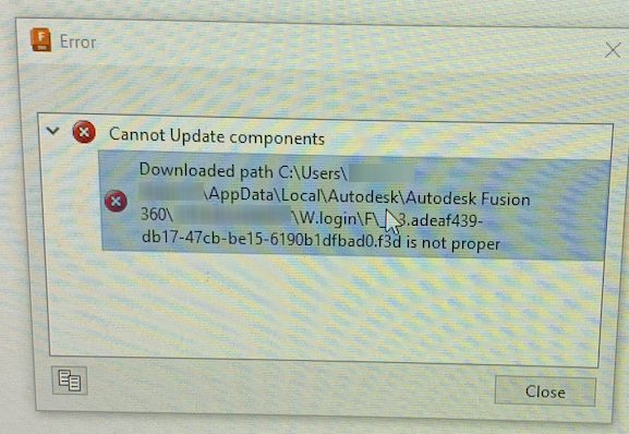Autodesk Fusion で「コンポーネントを更新できません」