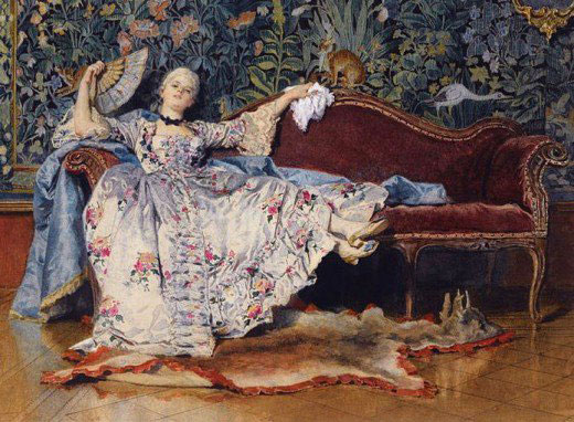 アンティークレースと手描きで貴族の男女の社交が描かれたフランスの