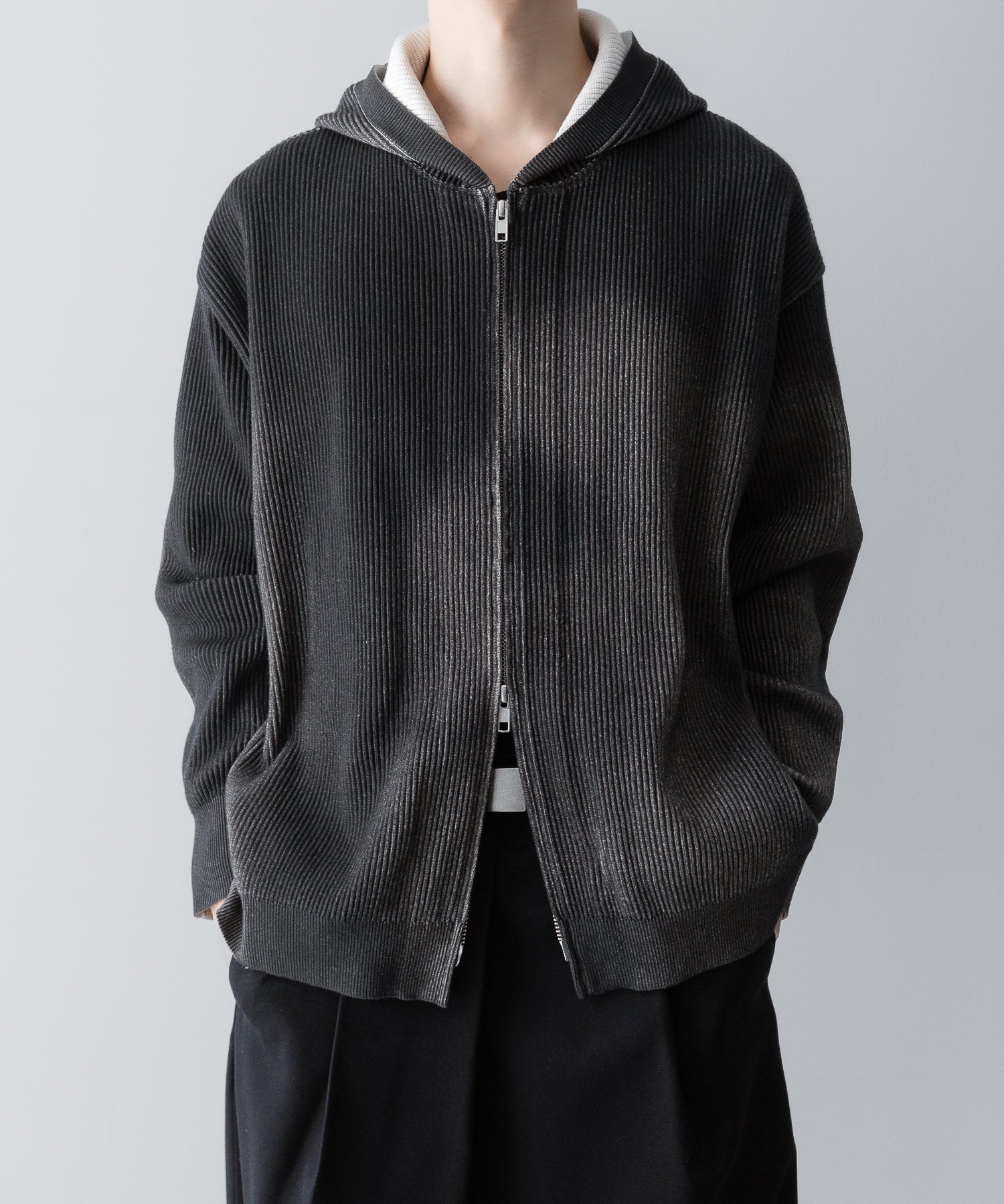ssstein / シュタイン】DISCOLORATION RIB KNIT ZIP HOODIE - GREY