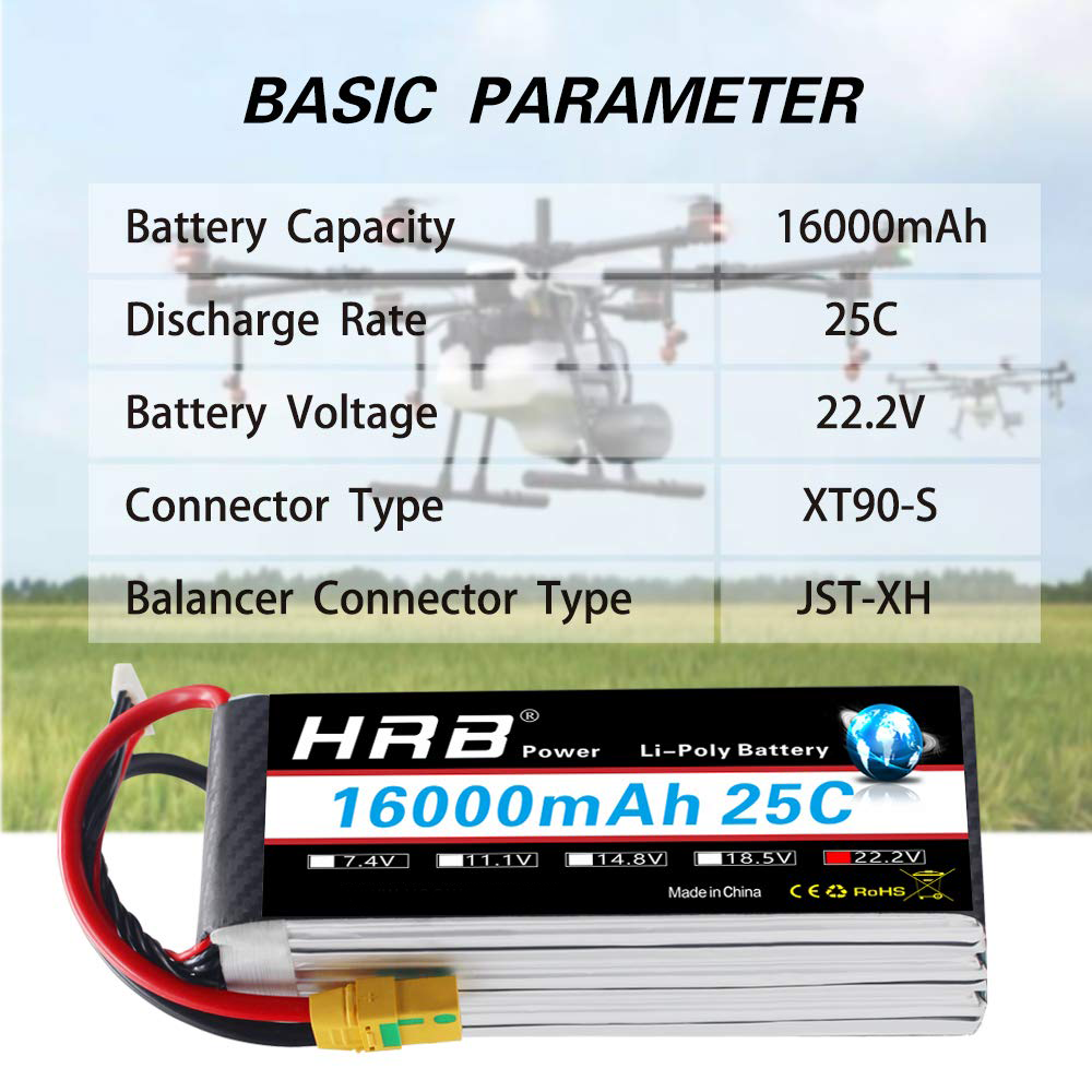 HRB 6S 22.2V 16000mAh 25C LIPO BATTERY XT90S/AS150/XT150 For Drone