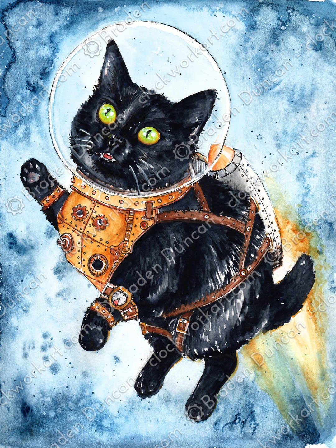 宇宙猫：水彩画風の黒猫宇宙飛行士のプリント - Etsy 日本