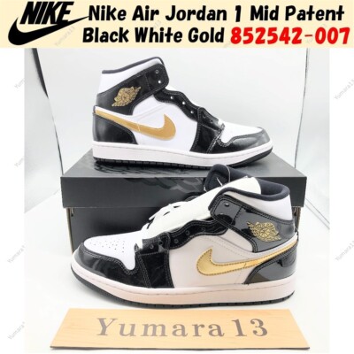 Nike Air Jordan 1 Mid Patent Black White Gold 852542-007 Men's