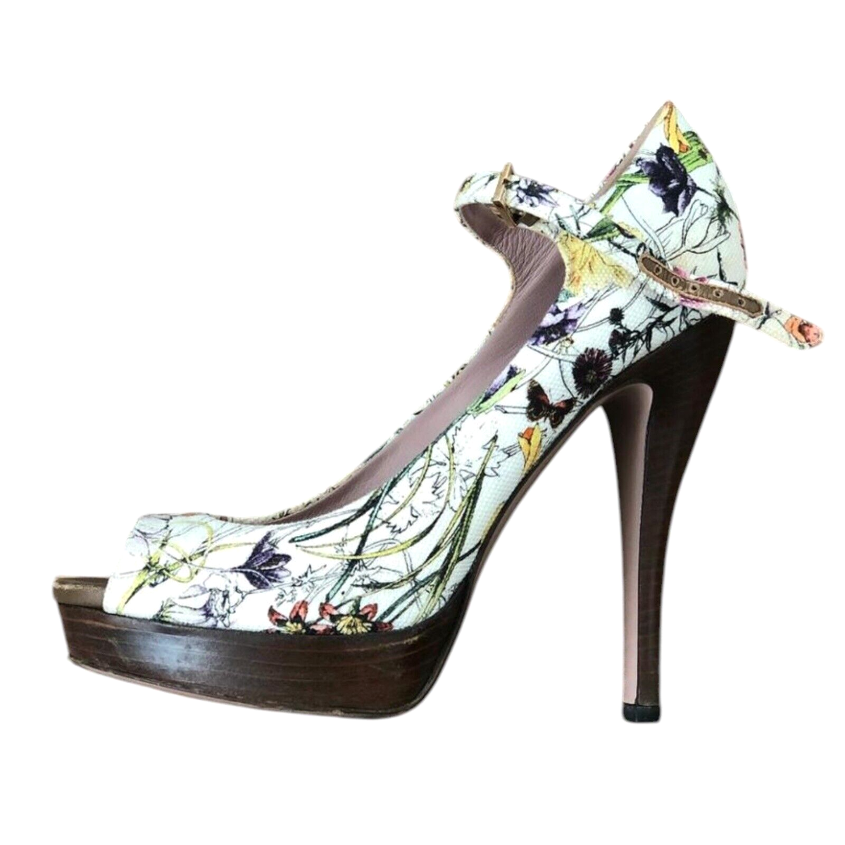 GUCCI X JOJO White Floral Canvas Ankle Strap Peep Toe Pumps, Size