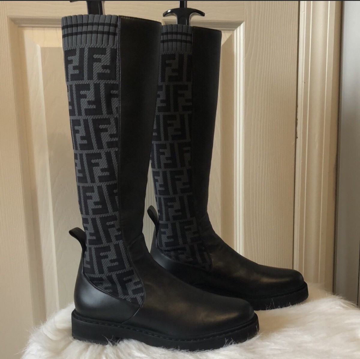 Auth FENDI Women's Rockoko Tall Sock Boots Zucca Knit Stretch