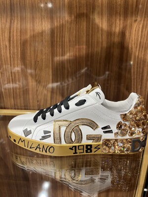 Dolce & Gabbana D&G NIB White Leather Swarovski Crystal Sneakers