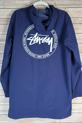 Mens Stussy Long Hooded Windbreaker Jacket Sz M Navy Blue Snap