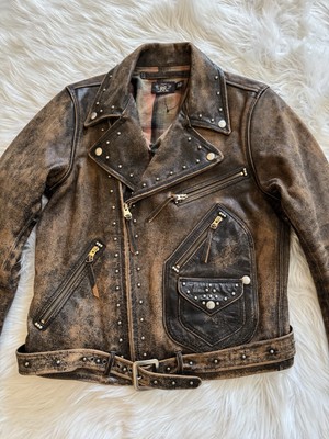 RRL Double RL Ralph Lauren New Studded Leather Moto Jacket Brown